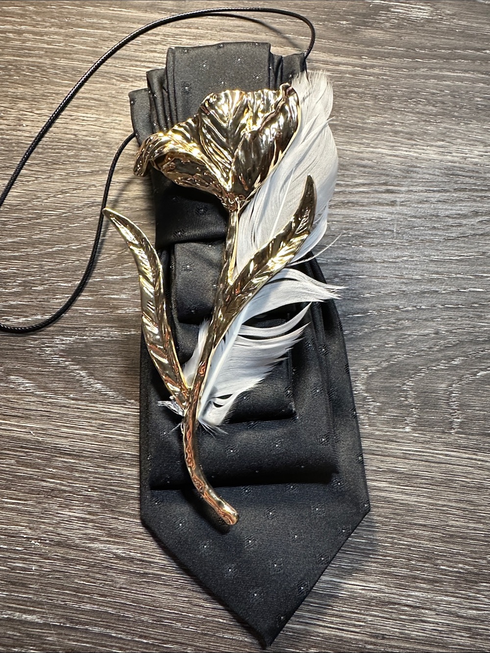 Calvin Klein Necklace Tie Gold Floral Lapel Pin with White Feather